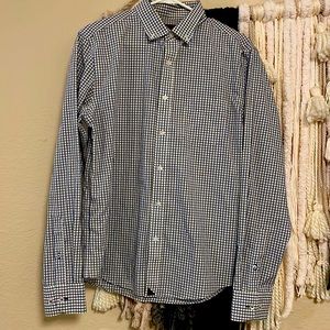 Hopkins Wrinkle Free Long Sleeve Button Down Navy Yellow Untuckit Slim Fit